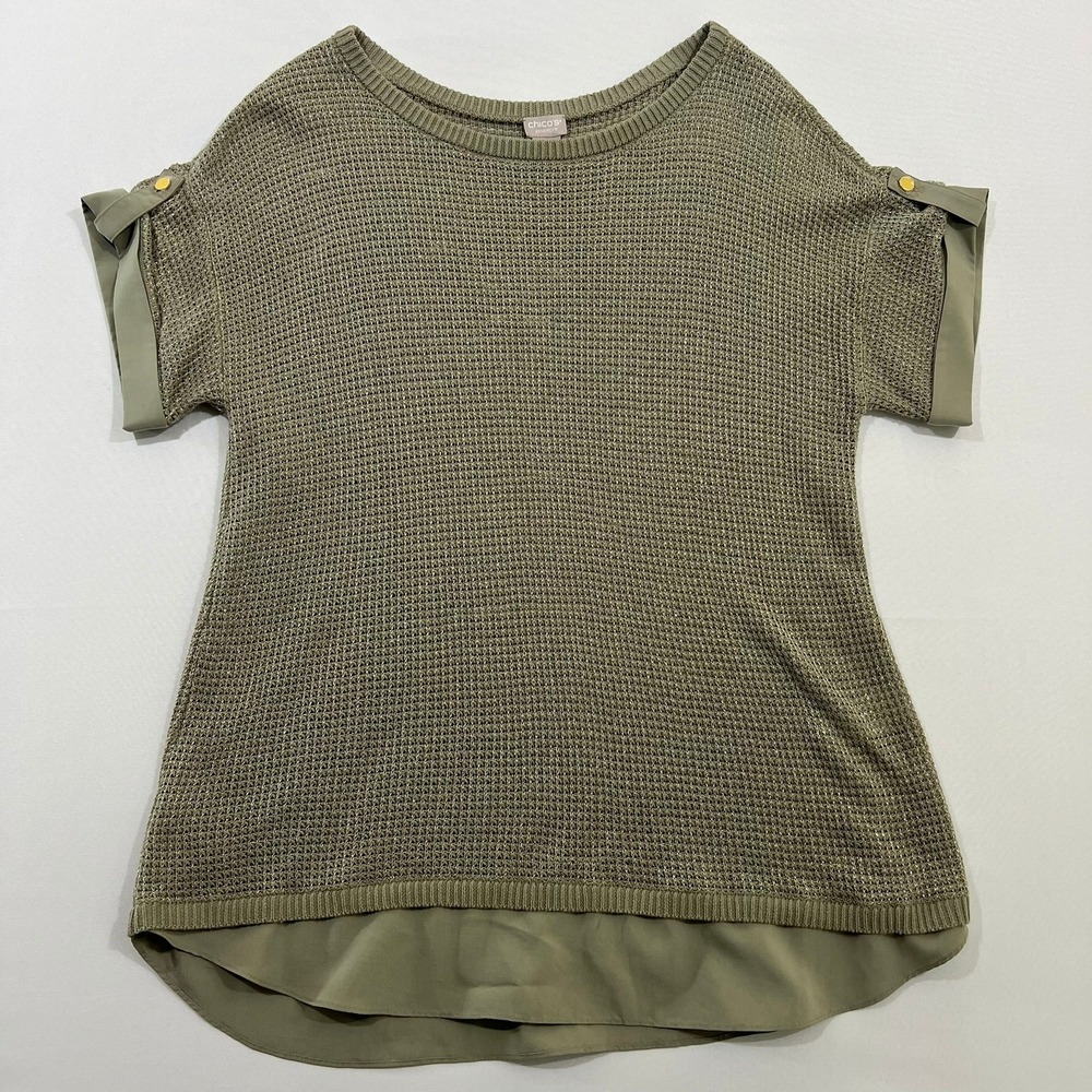 Chico's Zenergy Sweater Mixed Media‎ Metallic Knit Olive Green Women Size 3 XL
